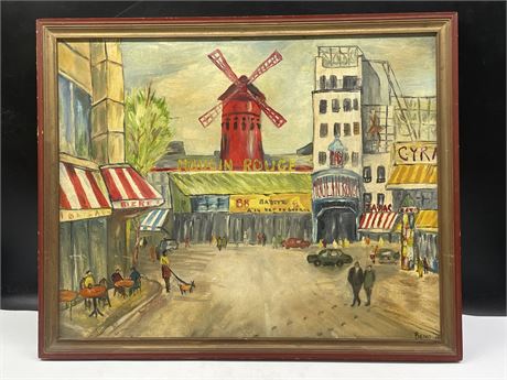 SIGNED BENO FRAMED OIL PAINTING OF THE MOULIN ROUGE  (21”x17”)