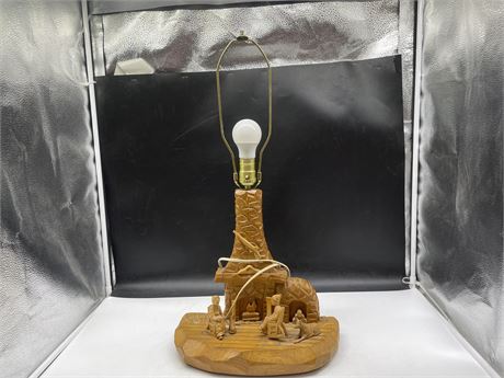 SIGNED FOLK ART WOOD FIGURAL LAMP QUEBEC