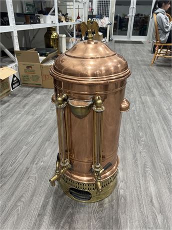 EARLY COPPER W/ BRASS ACCENTS COFFE / TEA URN - 33” TALL