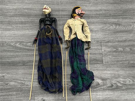 2 VINTAGE WAYANG HAND CARVED / PAINTED PUPPETS - 24” LONG