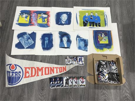 7 PCS OF 1992 CANUCKS ARTWORK BY P. TANNER, OILERS PENANT, & MISC 2006-07