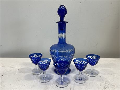 BLUE ETCHED GLASS DECANTER SET (11” tall)