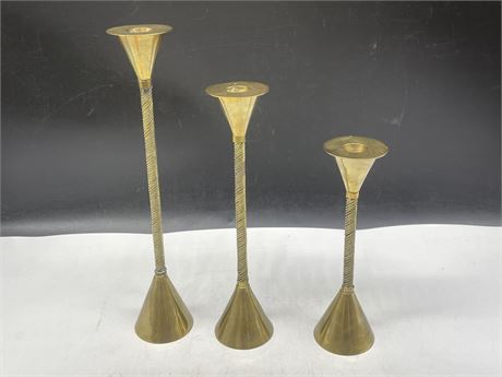 3 VINTAGE BRASS CANDLE HOLDERS (TALLEST IS 12.5” SHORTEST IS 8.5”)