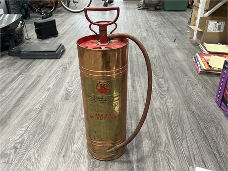 ANTIQUE WALTER KIDD & CO. COPPER FIRE EXTINGUISHER - 2FT TALL