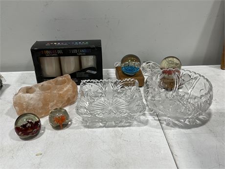 LOT OF HOME DECOR - CRYSTAL, PAPER WEIGHTS, CANDLES