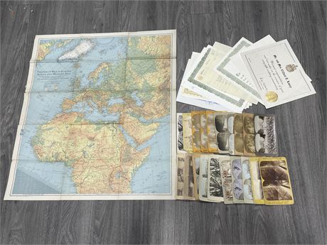 ASSORTED VINTAGE COLLECTABLES INCL: 1942 WAR MAP, CANADIAN POLITICS
