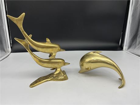 3 VINTAGE BRASS DOLPHINS  2 ON STAND ( 10 “ tall)