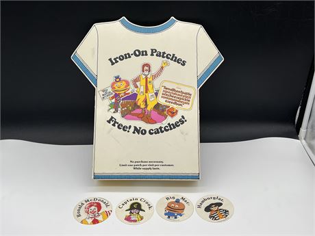 VINTAGE 1978 MCDONALDS IRON ON PATCHES DISPLAY STAND W/ PATCHES