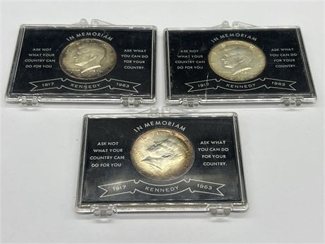 3 SILVER 1964 US JFK HALF DOLLARS W/COLLECTABLE CASES