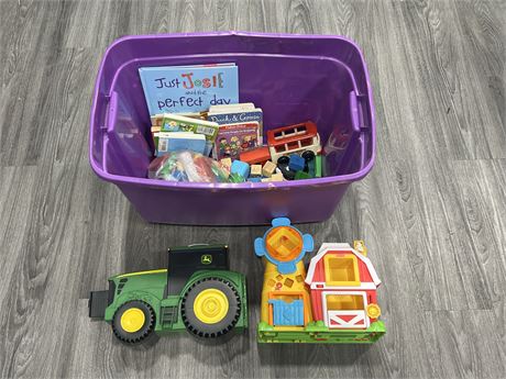 JOHN DEERE TOY TRACTOR HOLDER W/ CONTENTS & OTHER FISHER PRICE TOYS & ECT