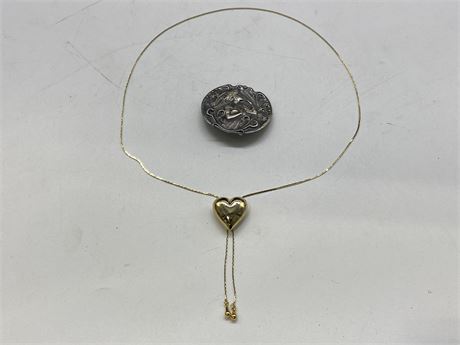 PEWTER BROOCH (2”) & GOLD TONE HEART PENDANT CHAIN (28”)