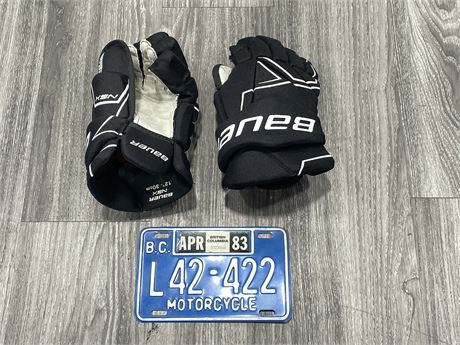 YOUTH BAUER HOCKEY GLOVES / MOTORCYCLE LICENSE PLATE