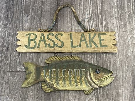 VINTAGE BASS LAKE WOODEN SIGN (15”X14”)