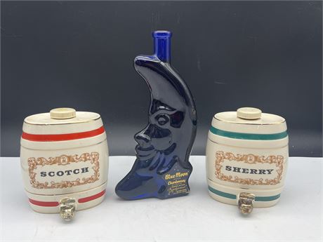 3 VINTAGE LIQOUR DECANTERS - BLUE MOON IS UNOPENED - 11” TALL