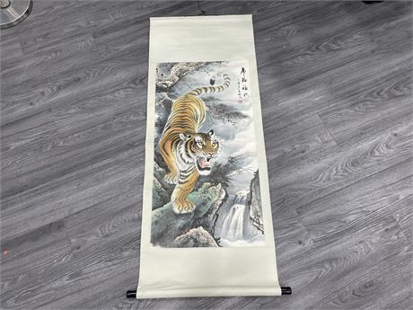 VINTAGE HAND PAINTED SIGNED CHINESE TIGER SCROLL - 54” X 21”