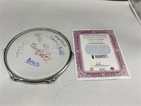 THE ANIMALS BAND SIGNED DRUMHEAD MOUNTED IN CHROME FRAME W/COA