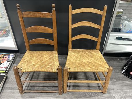 2 ANTIQUE LATTICE / LADDER BACK CHAIRS - 35” TALL