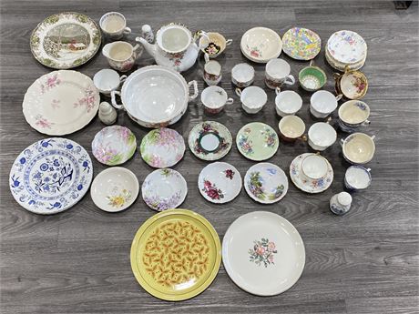 LARGE LOT OF CHINA - SOME ROYAL ALBERT / AYNSLEY, SOME W/REPAIRED CRACKS - AS IS