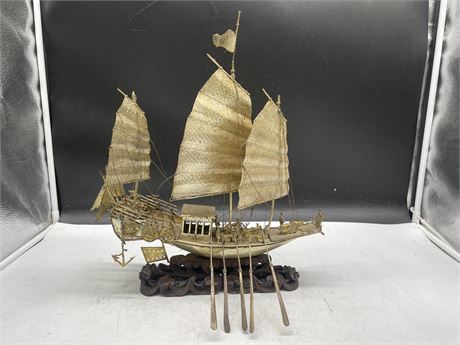 ANTIQUE CHINESE SILVER JUNK WARSHIP ON ROSEWOOD WAVES STAND 14”x16”