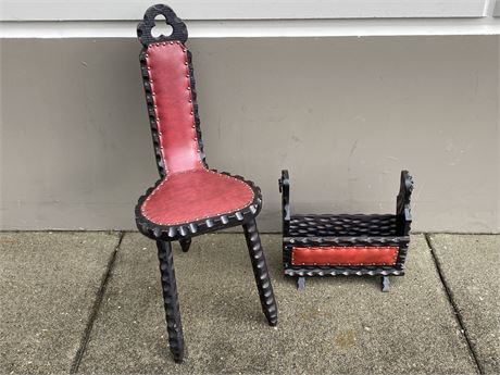 VINTAGE GOTHIC CHAIR (33” tall) & MAGAZINE STAND