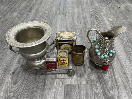 LOT OF VINTAGE SILVER PLATED DECOR, TINS & ECT