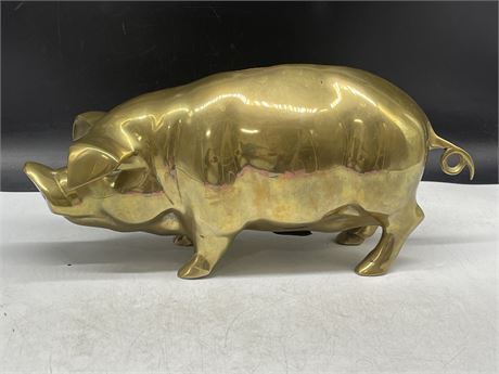 LARGE BRASS PIG COIN BANK 17”