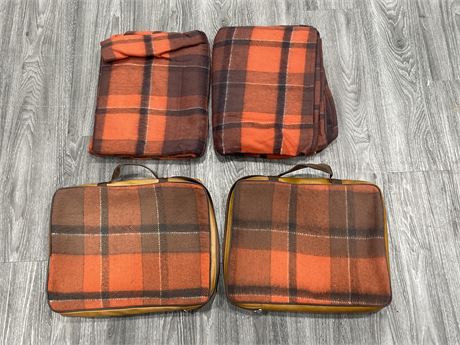 2 LEATHER / FABRIC BAGS W/ 2 MATCHING BLANKETS