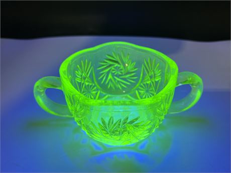 URANIUM GLASS 2 HANDLED CUP - 6” X 2.5”