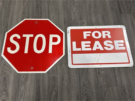 2 METAL SIGNS - STOP & FOR LEASE - STOP IS 2FT