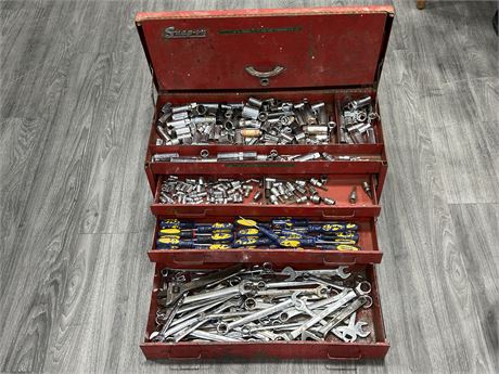 TOOL BOX FULL OF WRENCHES, SOCKETS, SCREWDRIVERS, ETC