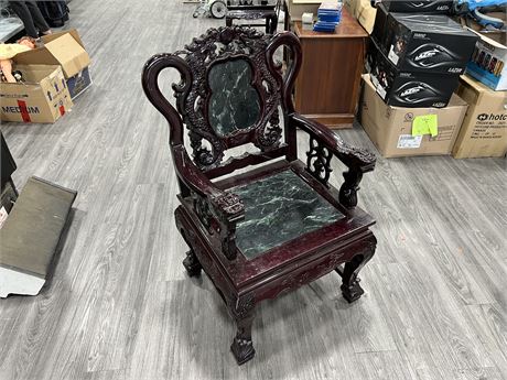 ANTIQUE ROSE WOOD DRAGON CHAIR W/MARBLE (43” tall)