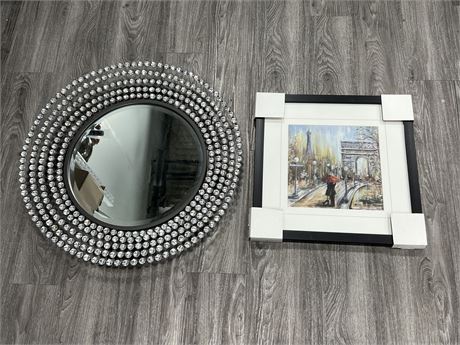 28” ROUND DECORATIVE WALL MIRROR & FRENCH INSPIRED PRINT 20”x20”