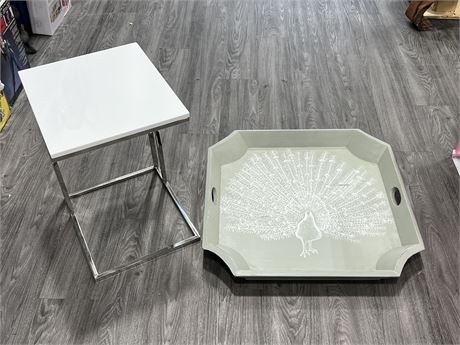 UNIQUE CHROME SIDE TABLE & LARGE WOOD TRAY