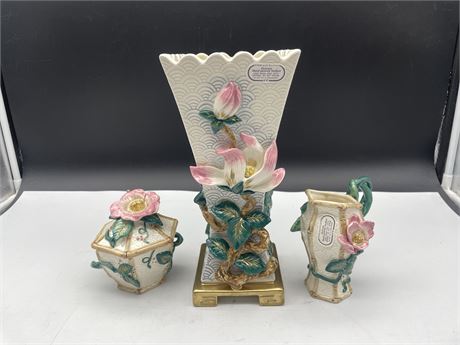 3PCS OF FITZ & FLOYD COLLECTABLE CHINA - LARGEST IS 11” TALL