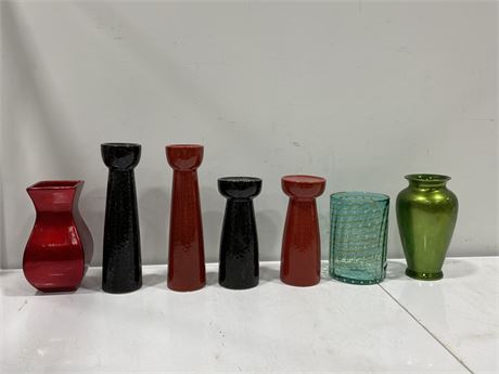 4 CANDLE HOLDERS & 3 VASES (Tallest is 13”)