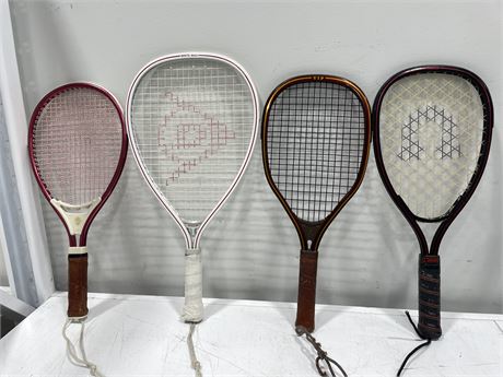 4 RACKET BALL RACKETS - DUNLOP, GENUINE COWHIDE, OLYMPIC #1 & UNNAMED W\ COWHIDE