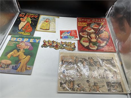 1938 SNOW WHITE BOOKS, CARTOON, CUT OUTS, CARDS
