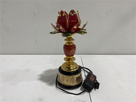 RED LOTUS BUDDHA ROTATING MUSICAL LAMP (13” tall)