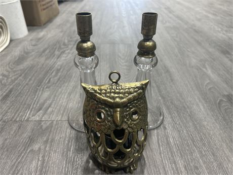 HAND BLOWN GLASS CANDLE HOLDERS & BRASS OWL DECOR