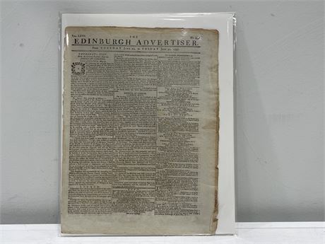 ORIGINAL 1787 ANTIQUE EDINBURGH ADVERTISER NEWSPAPER - 10”x13”