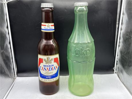 LARGE MOLSON AND COKE COIN BANK BOTTLES 23”