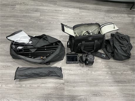 CANNON EOS C100 WITH ACCESSORIES & CARRYING CASE + TRIPOD SYSTEM IN BAG