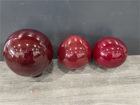 3 LARGE RED GLASS BALLS