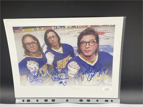SIGNED HANSON BROTHERS “SLAP SHOT” PICTURE BY ALL 3 - WITH JSA TAG COA 12”x9”