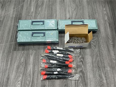 LOT OF NEW FISHING GEAR - SMALL TACKLE BOXES, HOOKS, FILET KNIVES
