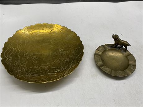 EARLY CHINESE BRASS BOWL AND CHINESE BRONZE ASHTRAY (LARGER ONE 9” DIAM)
