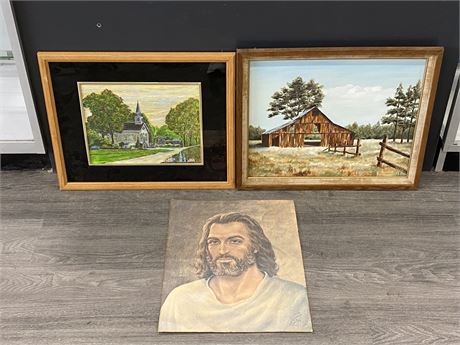 2 SIGNED OIL PAINTINGS & JESUS PRINT (LARGEST IS 21.5”X18”)