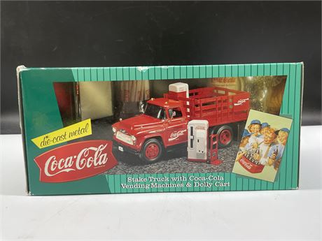 NEW IN BOX COCA-COLA STAKE TRUCK WITH COCA-COLA VENDING MACHINE & DOLLY CART