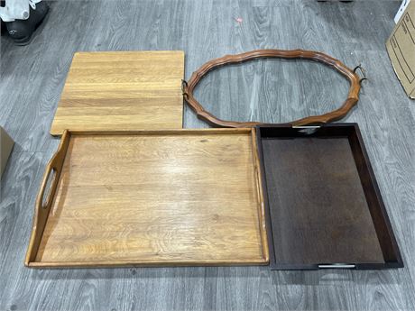 WOOD CHOPPING BOARD, WOOD TRAY + 2 LARGE VINTAGE TRAYS