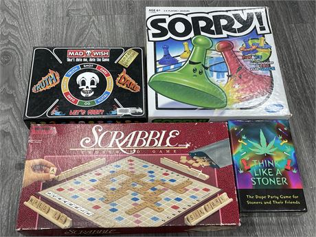 4 BOARD GAMES - SORRY, SCRABBLE, THINK LIKE A STONER, MADWISH TRUTH OR DARE